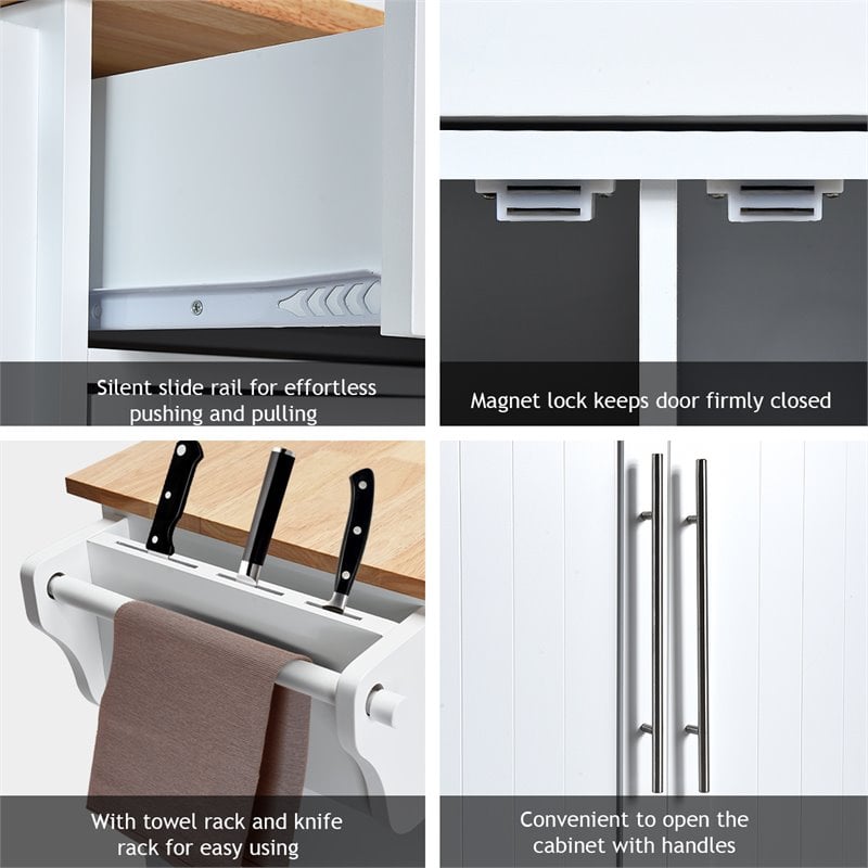 Pemberly Row MDF & Rubber Wood White Kitchen Island Trolley Cart w/ Knife Block
