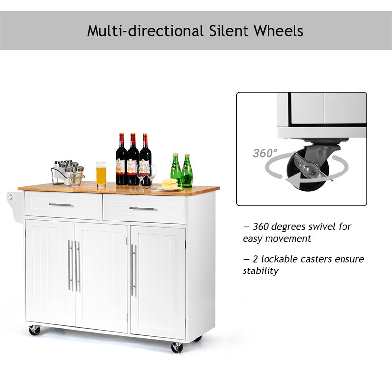 Pemberly Row MDF & Rubber Wood White Kitchen Island Trolley Cart w/ Knife Block