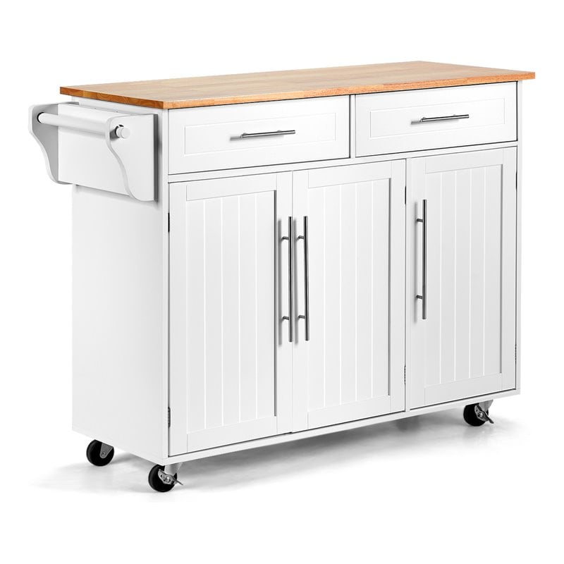 Pemberly Row MDF & Rubber Wood White Kitchen Island Trolley Cart w/ Knife Block