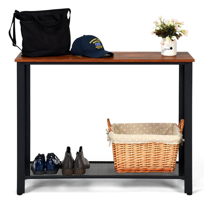 Pemberly Row Wood and Iron Console Sofa Table with Storage Shelf in Black