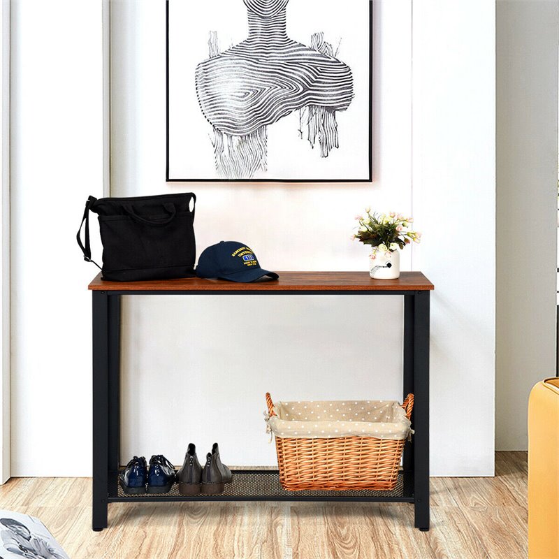 Pemberly Row Wood and Iron Console Sofa Table with Storage Shelf in Black