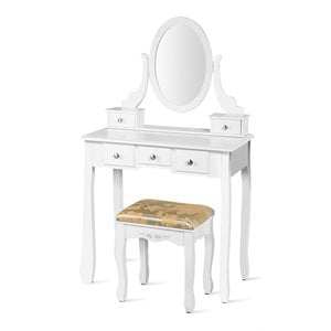Pemberly Row MDF & Wood Vanity Dressing Table Set w/ Stool & Oval Mirror - White