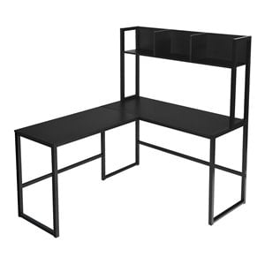 Pemberly Row 55&quot L-Shaped Wood Computer Desk with Hutch Bookshelf in Black