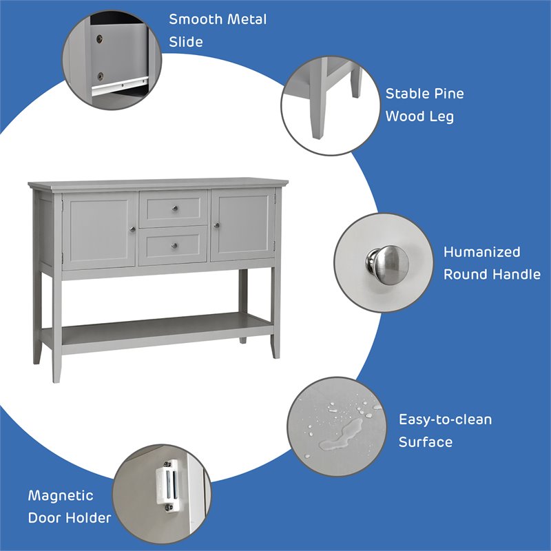 Pemberly Row MDF and Pine Wood Sideboard with Drawers & Storage Cabinets in Gray