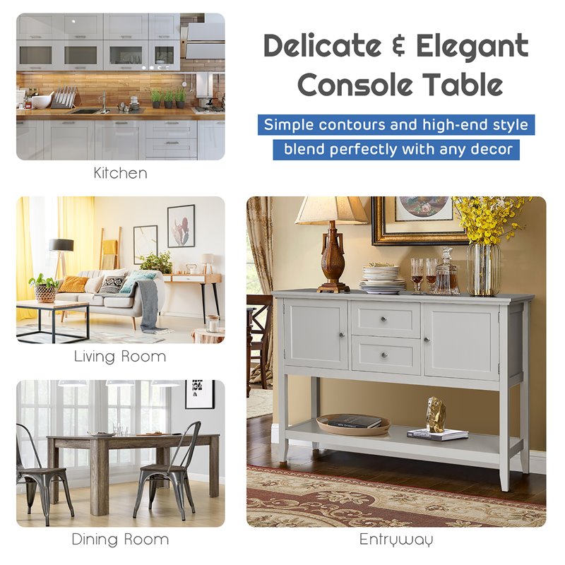 Pemberly Row MDF and Pine Wood Sideboard with Drawers & Storage Cabinets in Gray