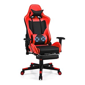 Pemberly Row Contemporary PU and Iron Massage Gaming Chair with Footrest in Red