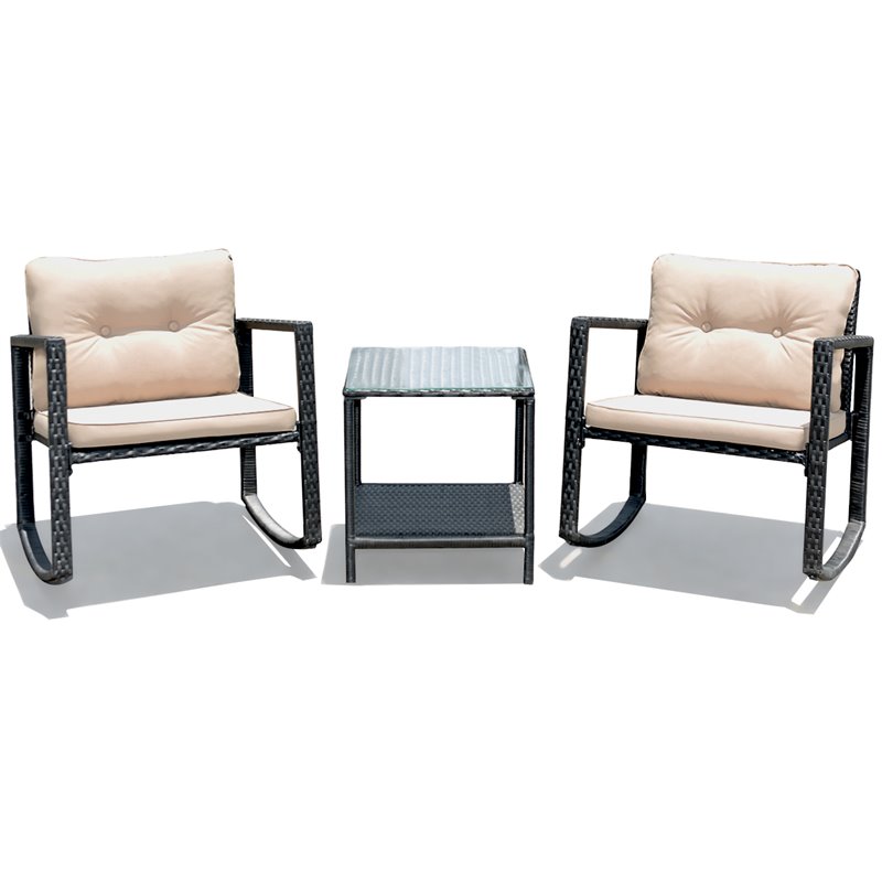 Pemberly Row 3-piece Rattan Patio Conversation Set with Cushioned Sofa in Black