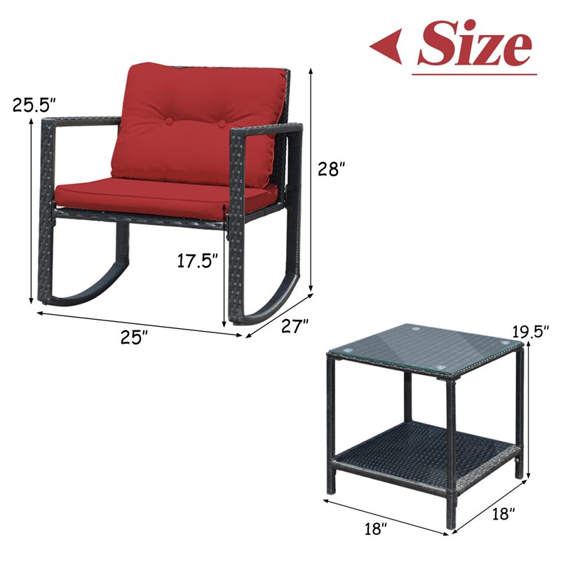 Pemberly Row 3-piece Steel and Rattan Patio Rocking Chair Set in Burgundy Red