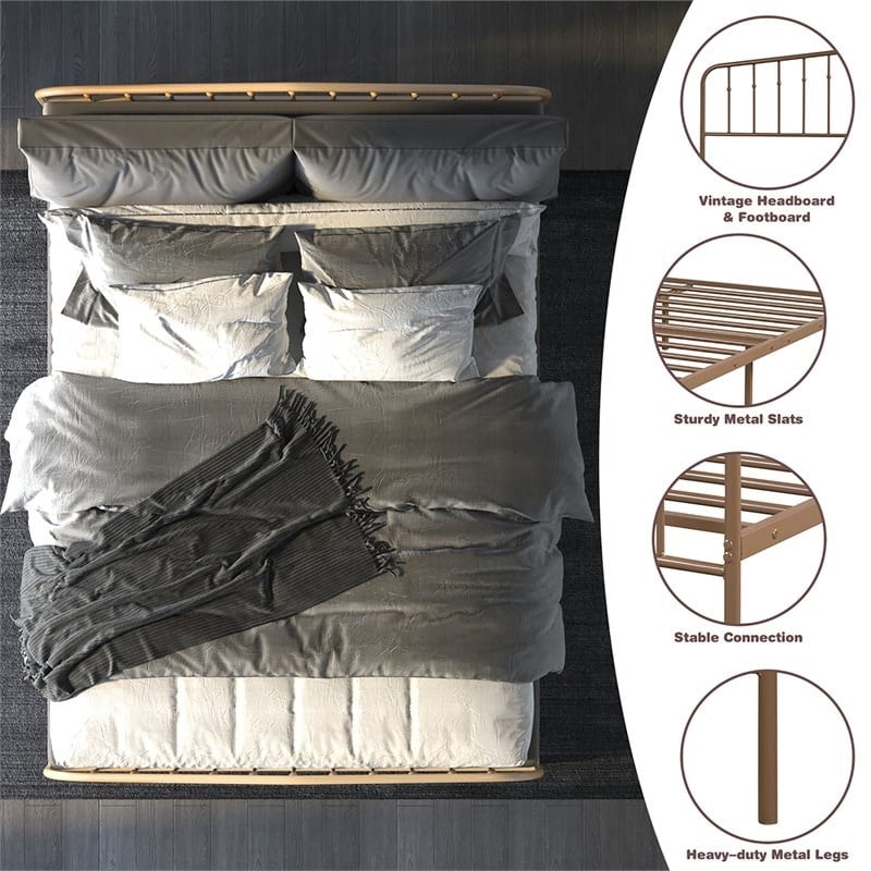 Pemberly Row Iron Queen Size Slat Platform Headboard Footboard in Brown