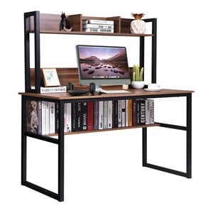 Pemberly Row MDF and Iron Computer Desk with Hutch Bookshelf in Walnut