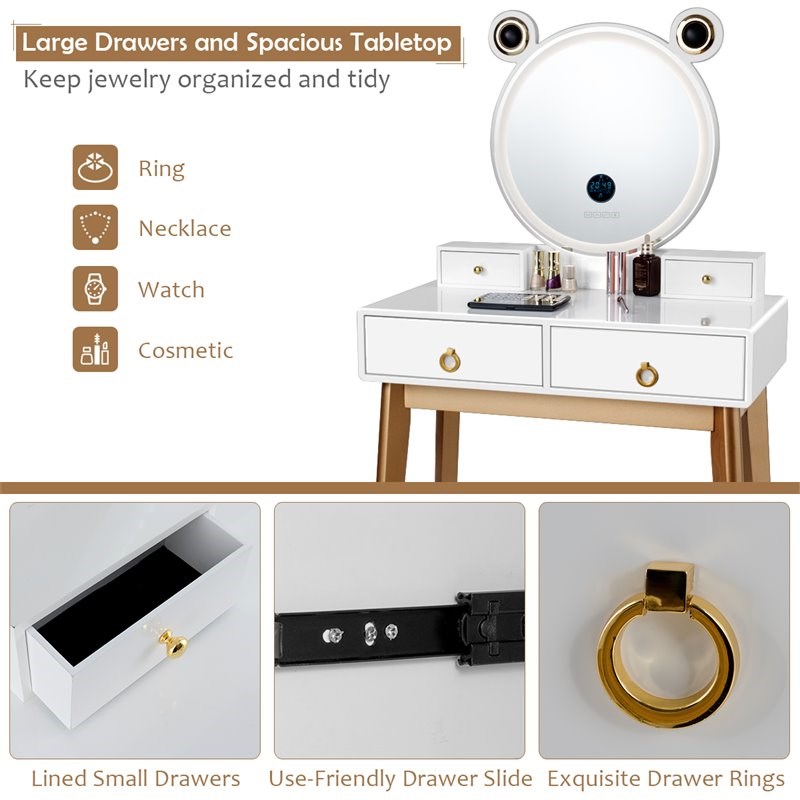 Pemberly Row MDF Vanity Dressing Table Set with Bluetooth Speakers in White/Gold