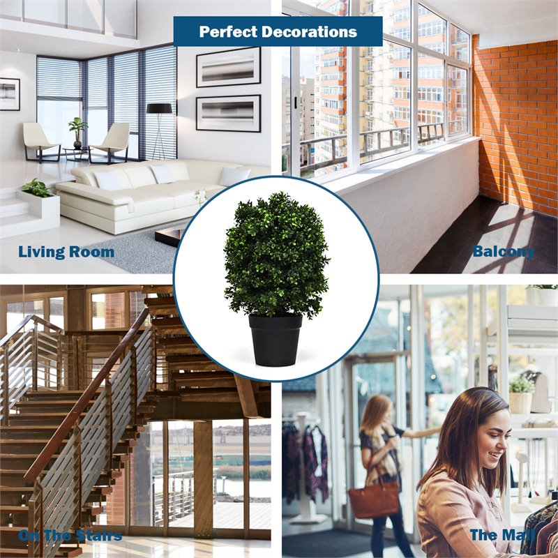 Pemberly Row PP and PE Artificial Boxwood Topiary Ball Tree in Green (Set of 2)