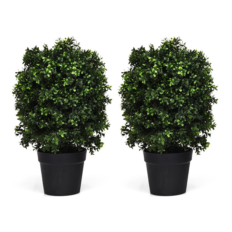Pemberly Row PP and PE Artificial Boxwood Topiary Ball Tree in Green (Set of 2)