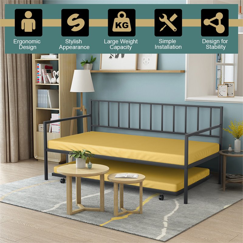 Pemberly Row Steel and MDF Twin Trundle Platform Daybed with 4 Casters in Black