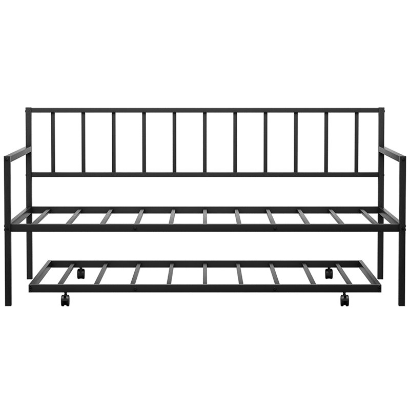 Pemberly Row Steel and MDF Twin Trundle Platform Daybed with 4 Casters in Black
