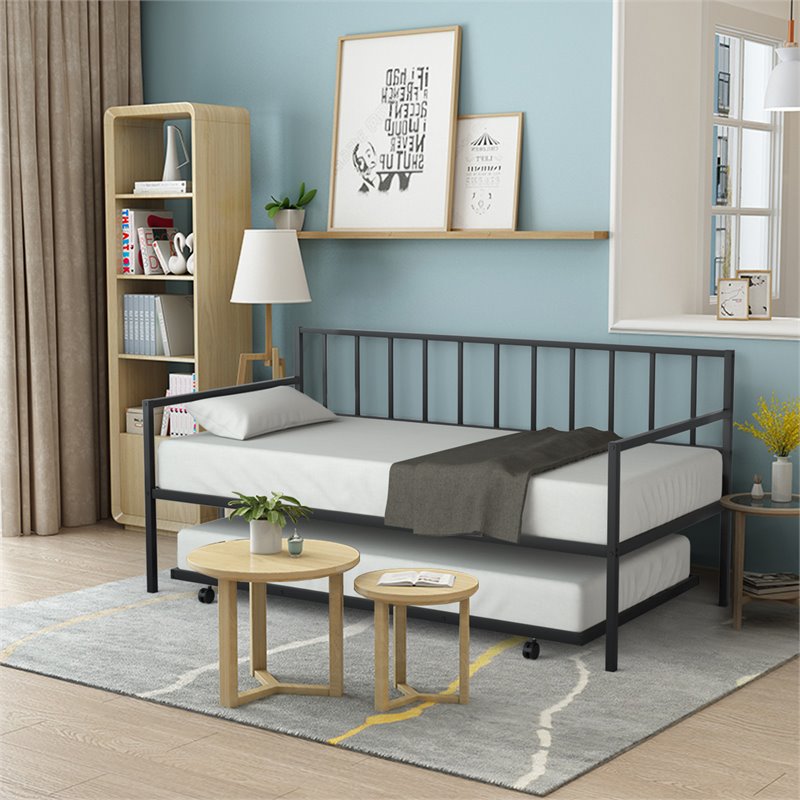 Pemberly Row Steel and MDF Twin Trundle Platform Daybed with 4 Casters in Black