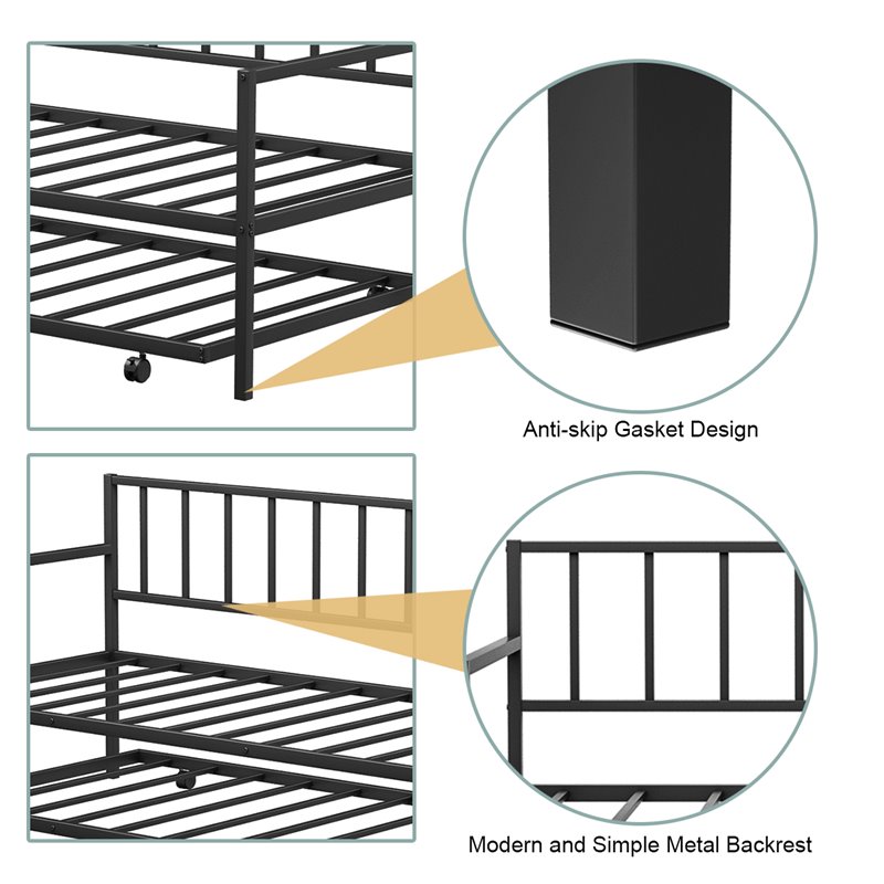Pemberly Row Steel and MDF Twin Trundle Platform Daybed with 4 Casters in Black