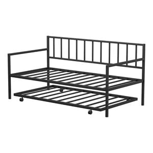 Pemberly Row Steel and MDF Twin Trundle Platform Daybed with 4 Casters in Black