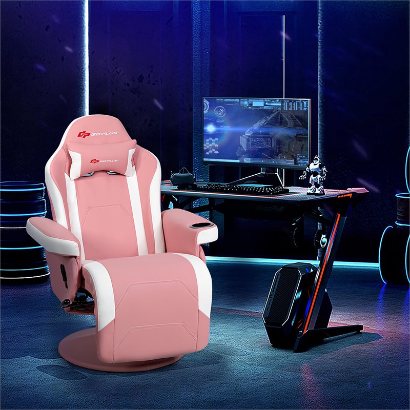 Pemberly Row PU Leather and Iron Swivel Massage Gaming Chair with Pillow in Pink