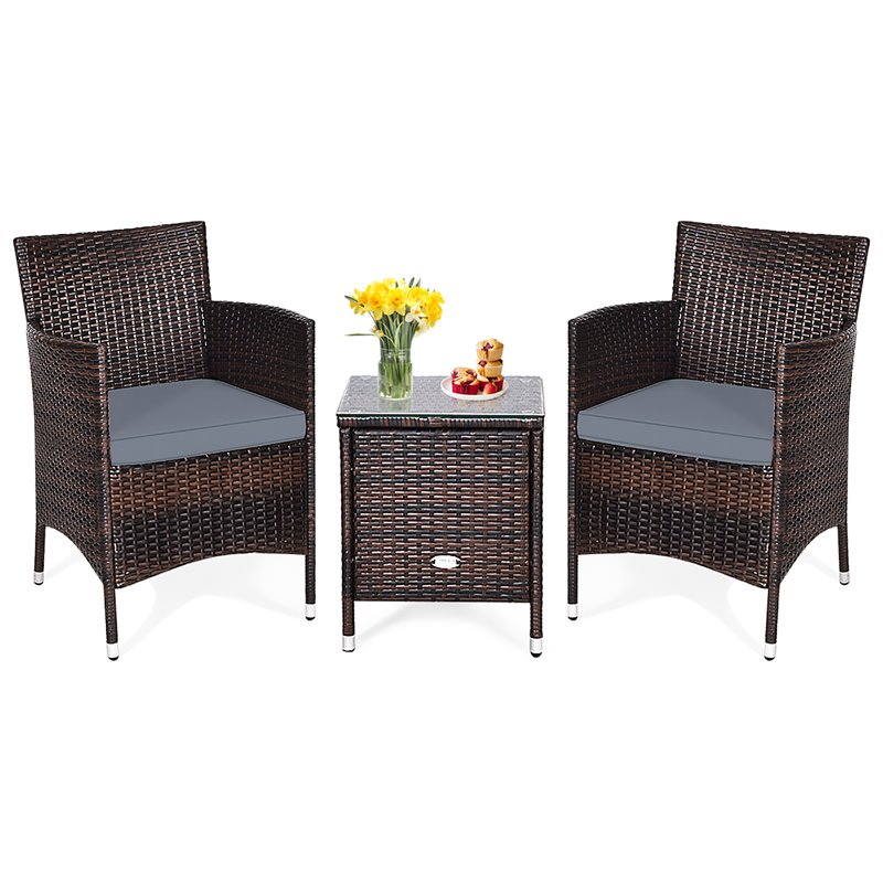 Pemberly Row 3-piece PE Rattan Outdoor Wicker Furniture Sets Chairs in Gray