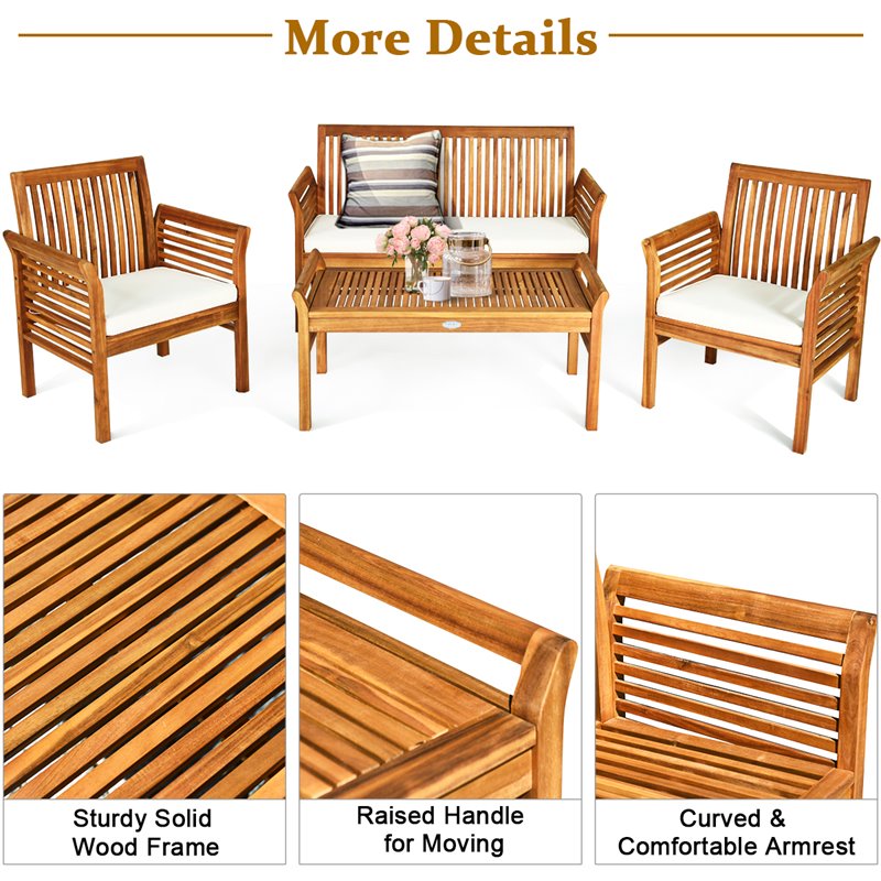 Pemberly Row 4-Pc Wood Outdoor Sofa Furniture Set with Coffee Table in Natural