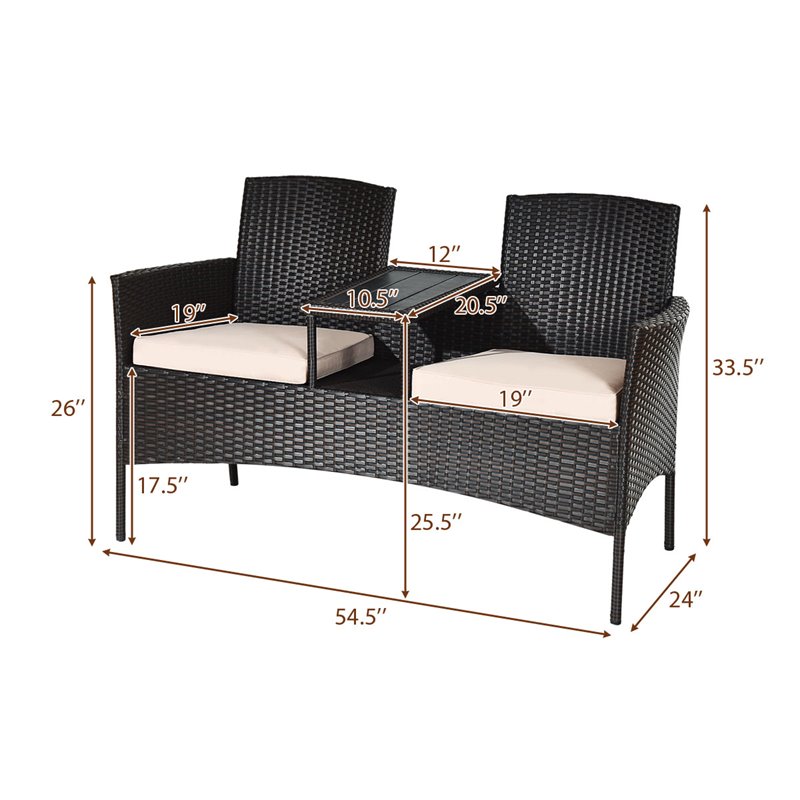 Pemberly Row Rattan Steel Patio Loveseat Sofa Set with 2 Thick Cushions in Beige