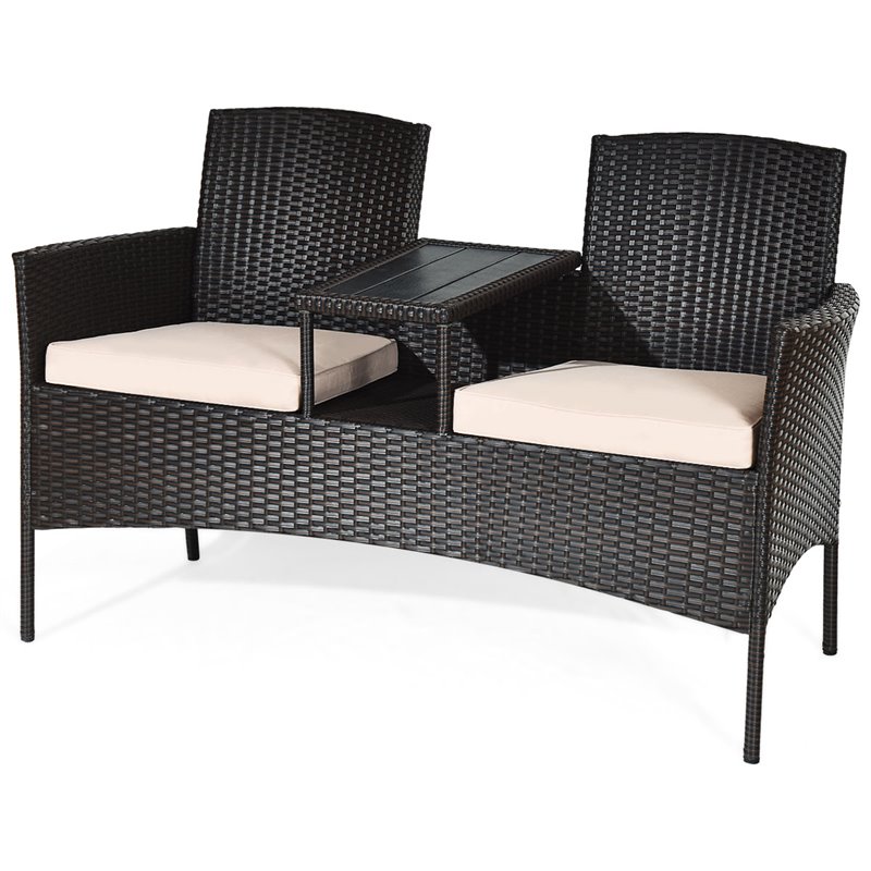 Pemberly Row Rattan Steel Patio Loveseat Sofa Set with 2 Thick Cushions in Beige