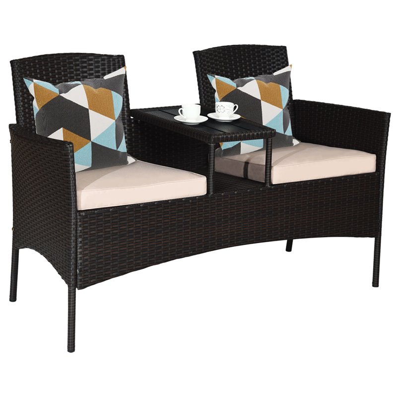 Pemberly Row Rattan Steel Patio Loveseat Sofa Set with 2 Thick Cushions in Beige