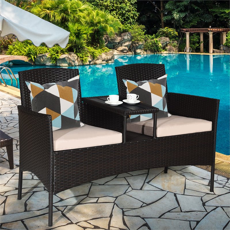 Pemberly Row Rattan Steel Patio Loveseat Sofa Set with 2 Thick Cushions in Beige