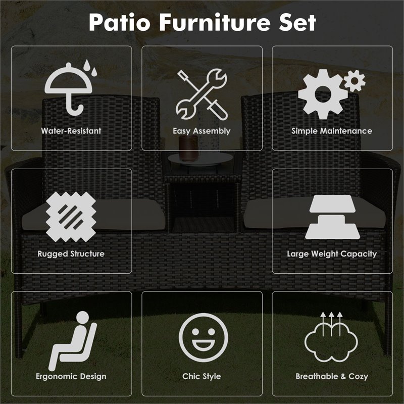 Pemberly Row Rattan Steel Patio Loveseat Sofa Set with 2 Thick Cushions in Beige
