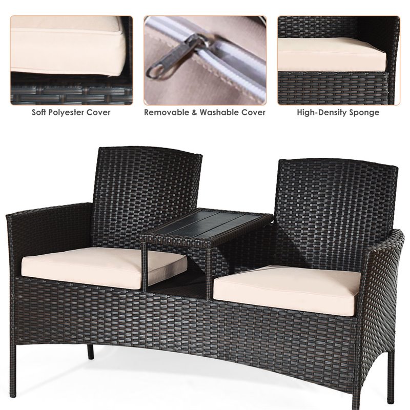 Pemberly Row Rattan Steel Patio Loveseat Sofa Set with 2 Thick Cushions in Beige