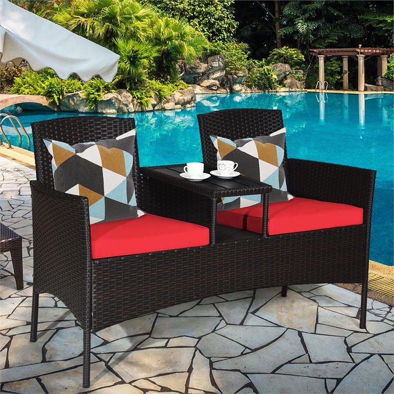 Pemberly Row Rattan Steel Patio Loveseat Sofa Set with 2 Thick Cushions in Red