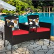 Pemberly Row Rattan Steel Patio Loveseat Sofa Set with 2 Thick Cushions in Red