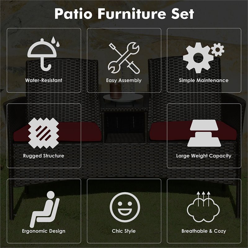 Pemberly Row Rattan Steel Patio Loveseat Sofa Set with 2 Thick Cushions in Red