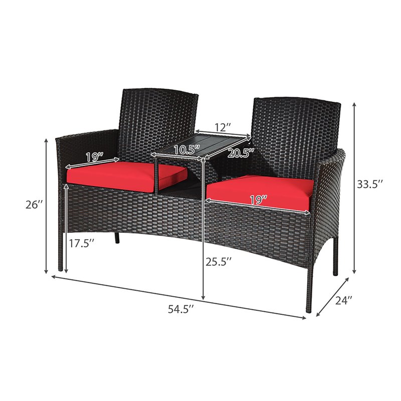 Pemberly Row Rattan Steel Patio Loveseat Sofa Set with 2 Thick Cushions in Red
