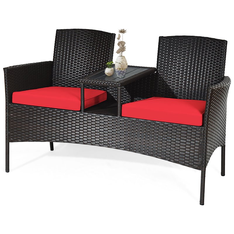 Pemberly Row Rattan Steel Patio Loveseat Sofa Set with 2 Thick Cushions in Red