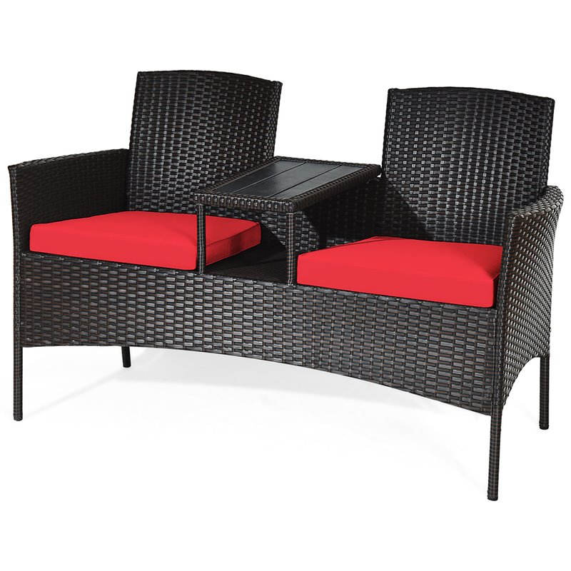 Pemberly Row Rattan Steel Patio Loveseat Sofa Set with 2 Thick Cushions in Red