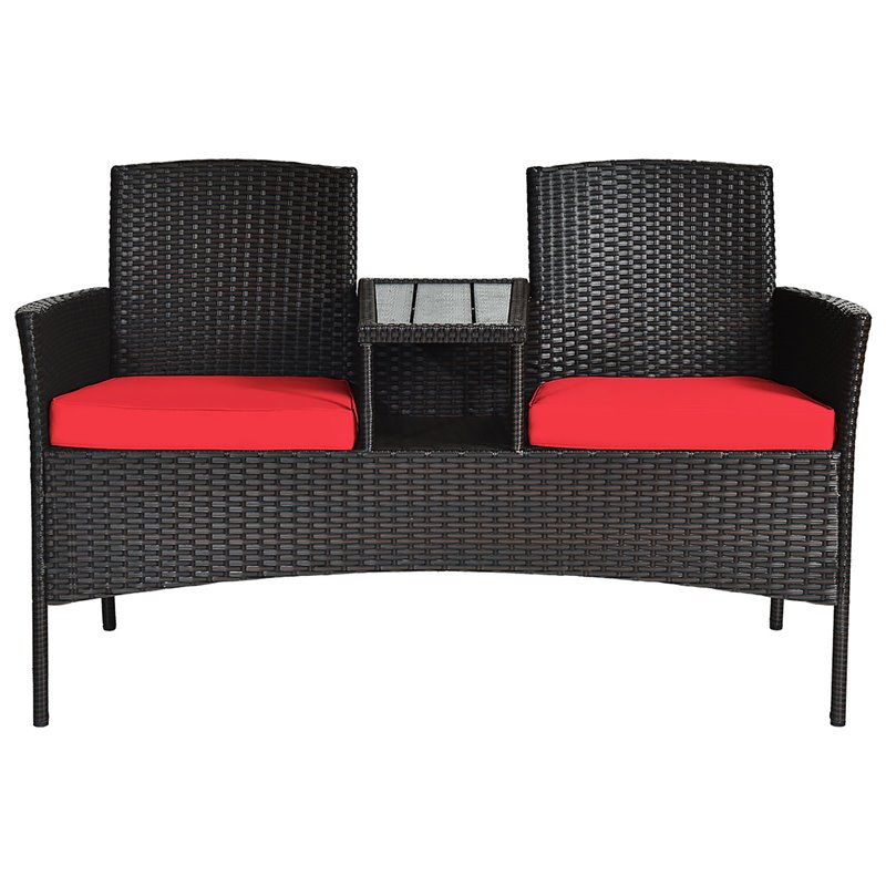 Pemberly Row Rattan Steel Patio Loveseat Sofa Set with 2 Thick Cushions in Red