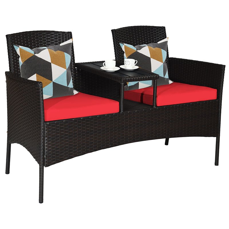 Pemberly Row Rattan Steel Patio Loveseat Sofa Set with 2 Thick Cushions in Red