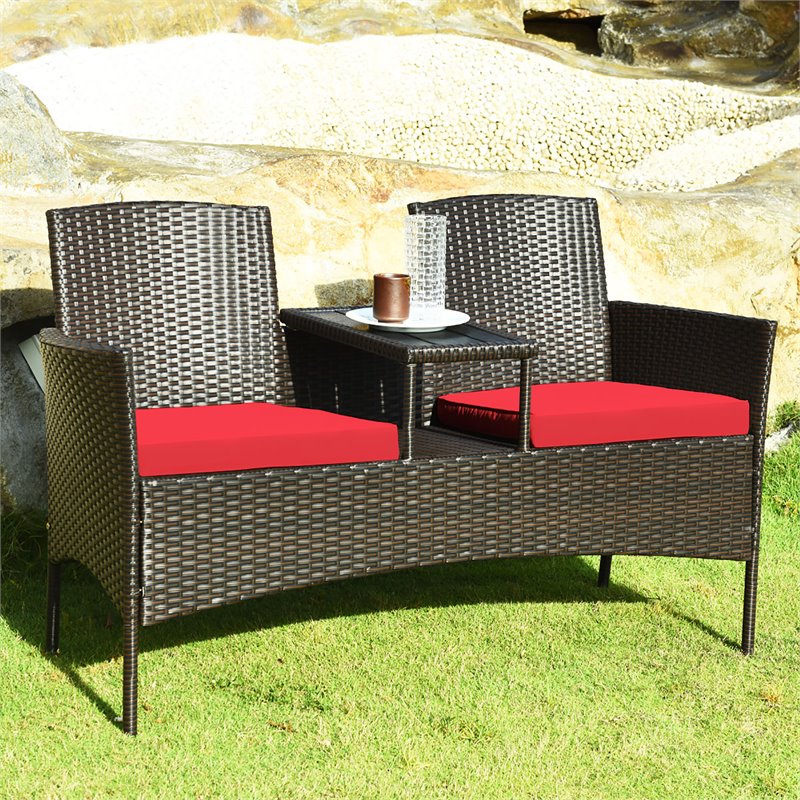 Pemberly Row Rattan Steel Patio Loveseat Sofa Set with 2 Thick Cushions in Red