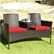 Pemberly Row Rattan Steel Patio Loveseat Sofa Set with 2 Thick Cushions in Red