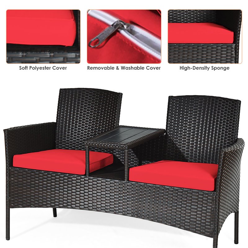Pemberly Row Rattan Steel Patio Loveseat Sofa Set with 2 Thick Cushions in Red