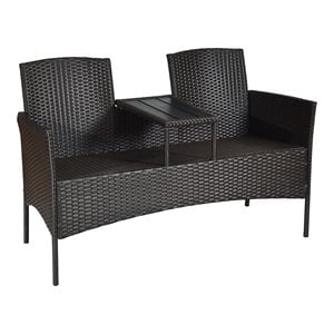 Pemberly Row Rattan Steel Patio Loveseat Sofa Set with 2 Thick Cushions in Red