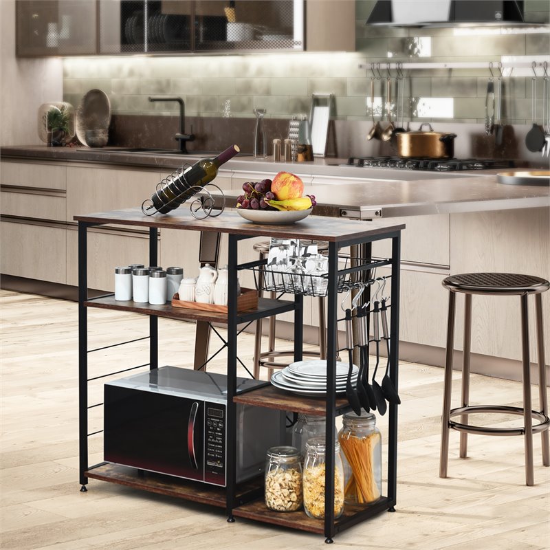 Pemberly Row Wood & Steel Kitchen Baker's Rack with 6 Hooks in Black