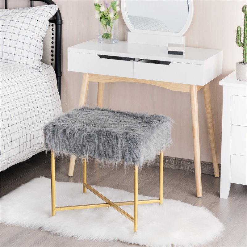 Pemberly Row Contemporary Faux-Fur Plush Footrest Stool with Metal Legs in Gray