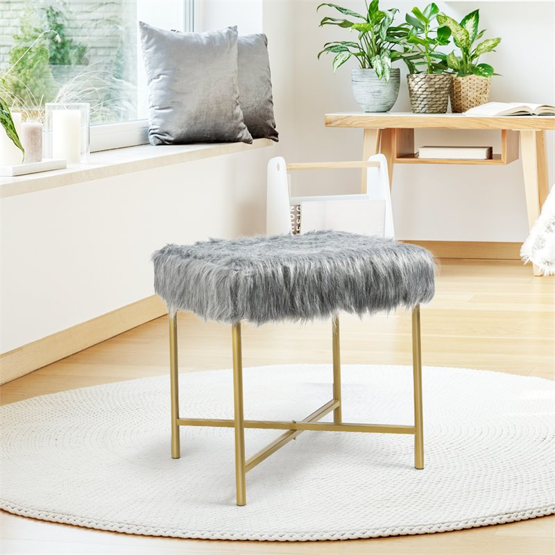 Pemberly Row Contemporary Faux-Fur Plush Footrest Stool with Metal Legs in Gray