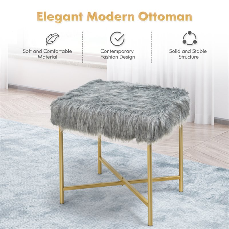 Pemberly Row Contemporary Faux-Fur Plush Footrest Stool with Metal Legs in Gray