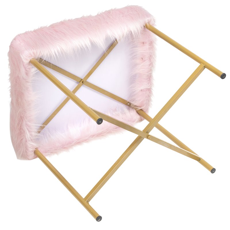 Pemberly Row Contemporary Faux-Fur Plush Footrest Stool with Metal Legs in Pink