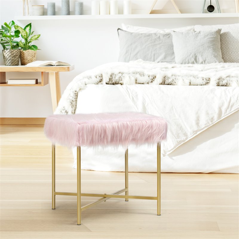 Pemberly Row Contemporary Faux-Fur Plush Footrest Stool with Metal Legs in Pink