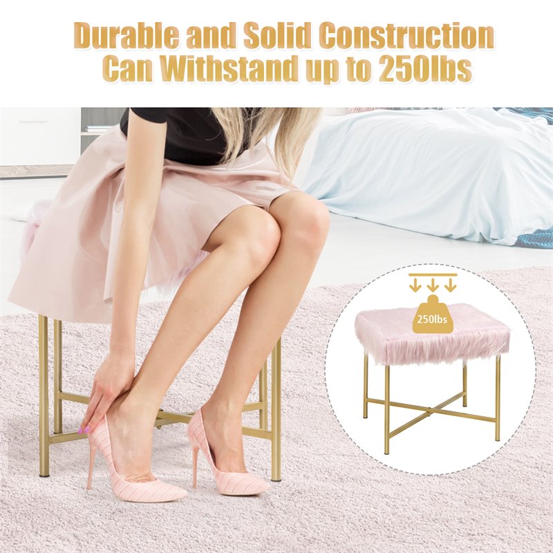 Pemberly Row Contemporary Faux-Fur Plush Footrest Stool with Metal Legs in Pink